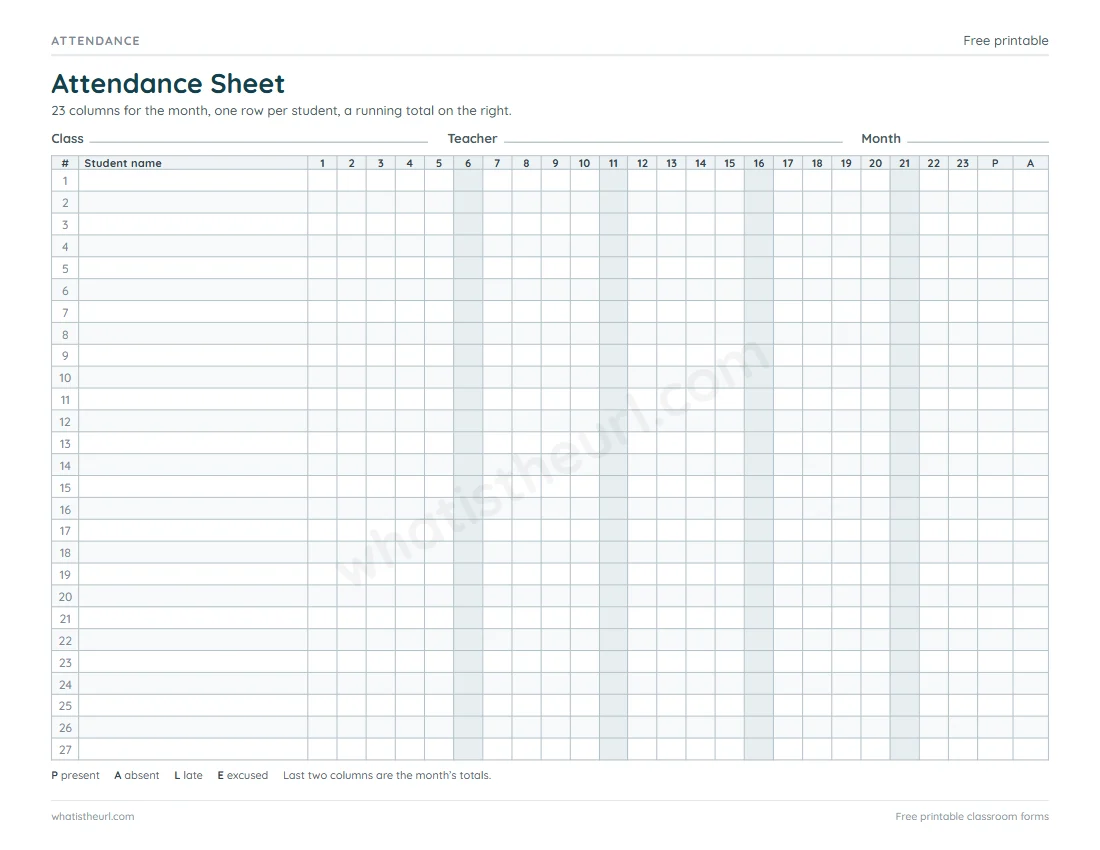 Printable Attendance Sheet for US Letter paper with 27 student rows