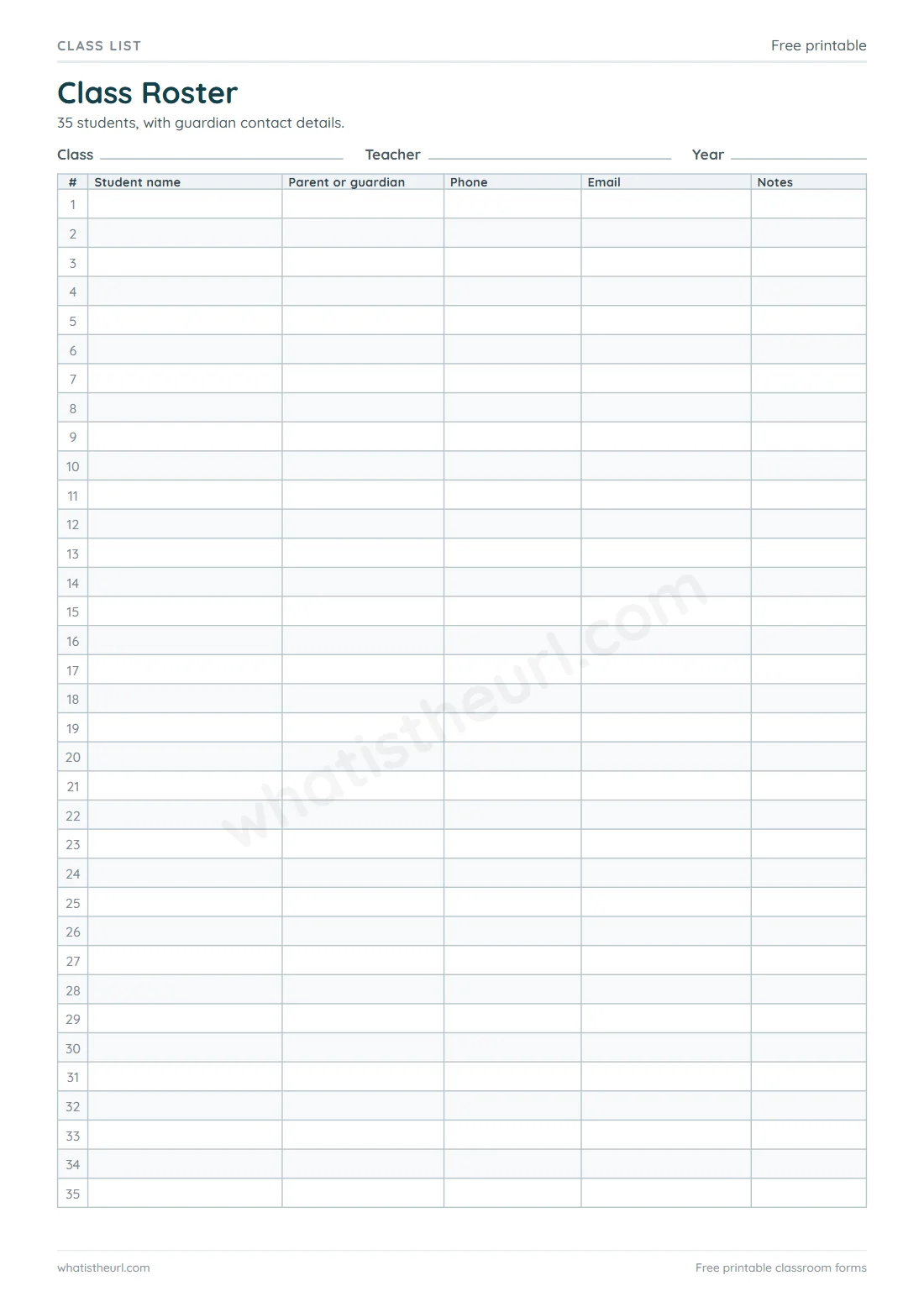 Printable Class Roster for A4 paper with 35 student rows