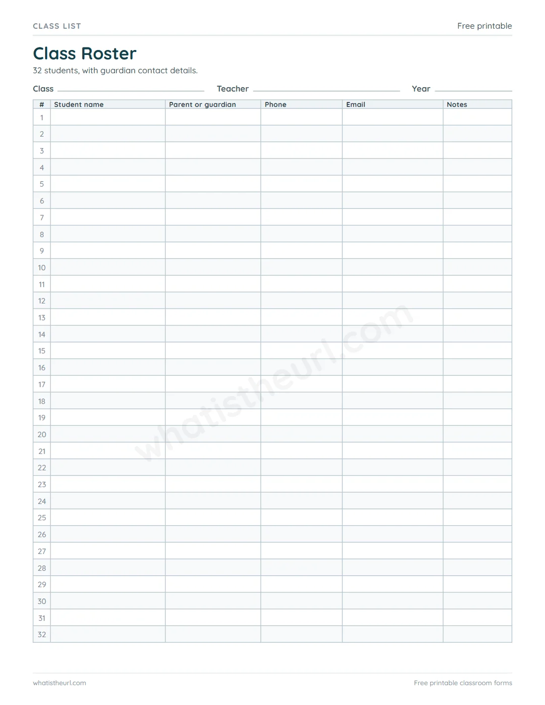 Printable Class Roster for US Letter paper with 32 student rows