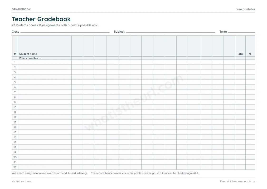 Printable Teacher Gradebook for A4 paper with 22 student rows