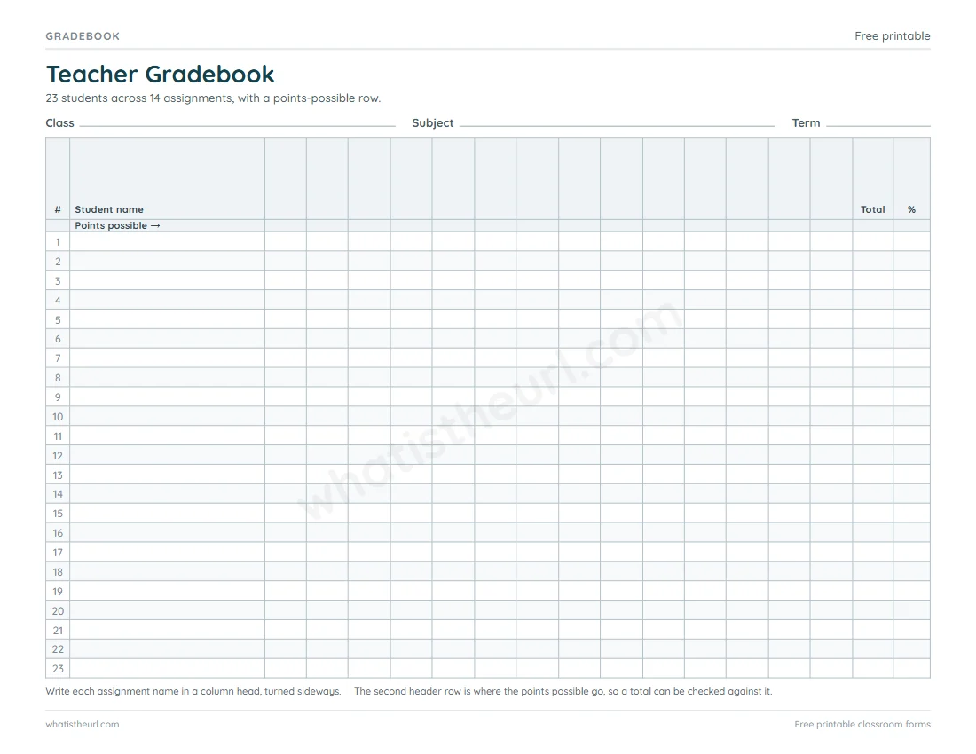 Printable Teacher Gradebook for US Letter paper with 23 student rows