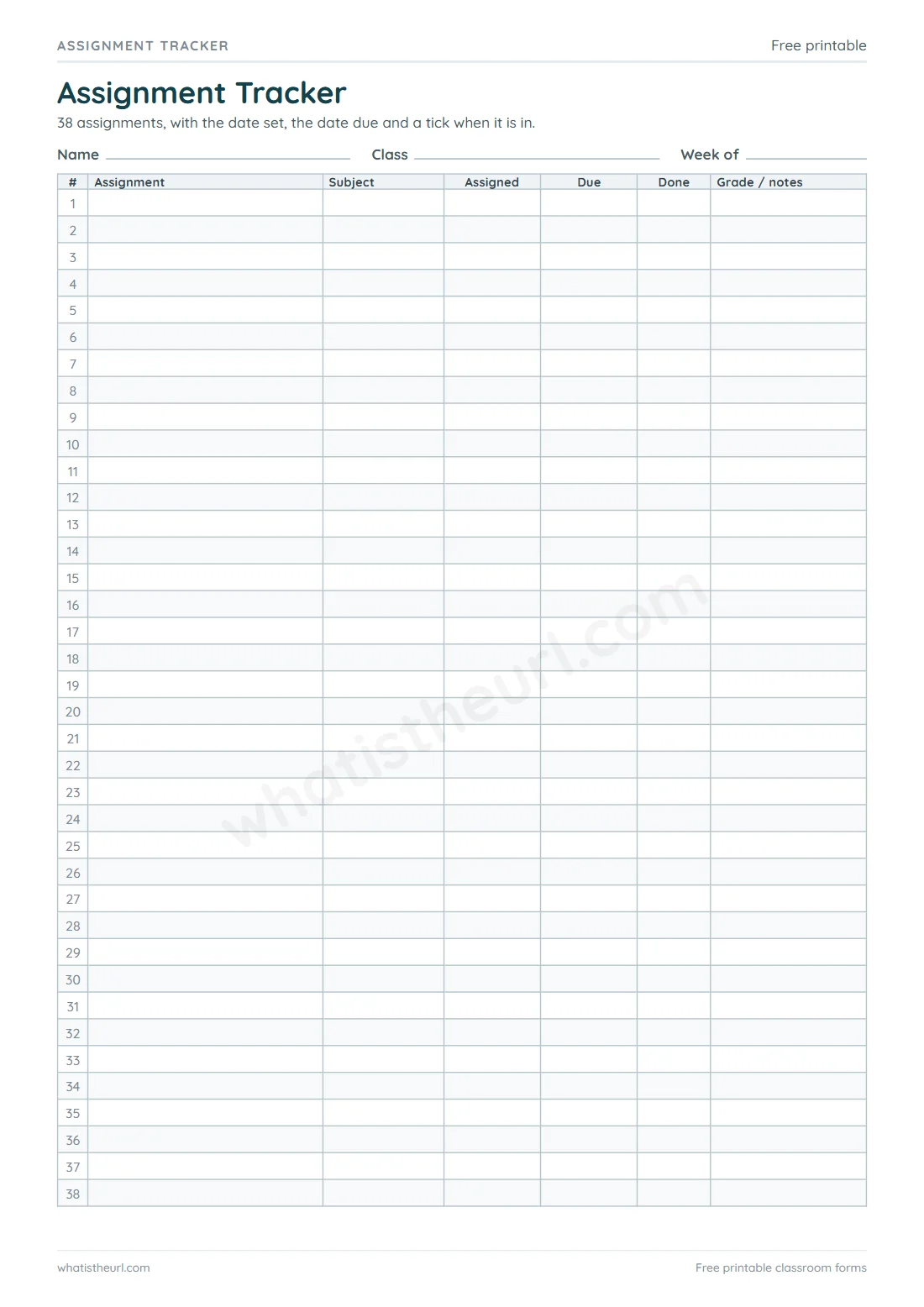 Printable Assignment Tracker for A4 paper with 38 assignment rows