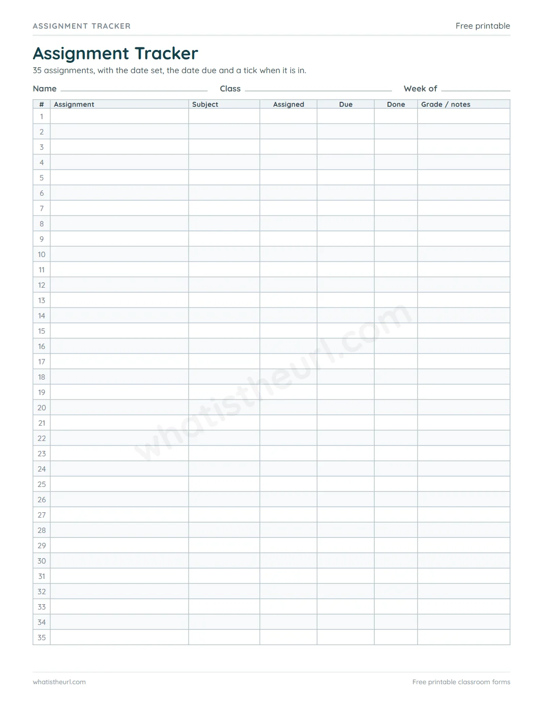 Printable Assignment Tracker for US Letter paper with 35 assignment rows