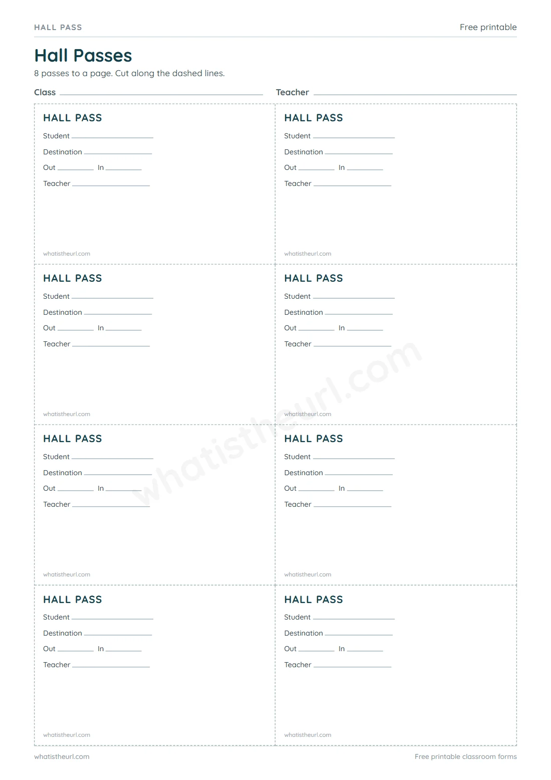 Printable Hall Passes for A4 paper with 8 pass rows