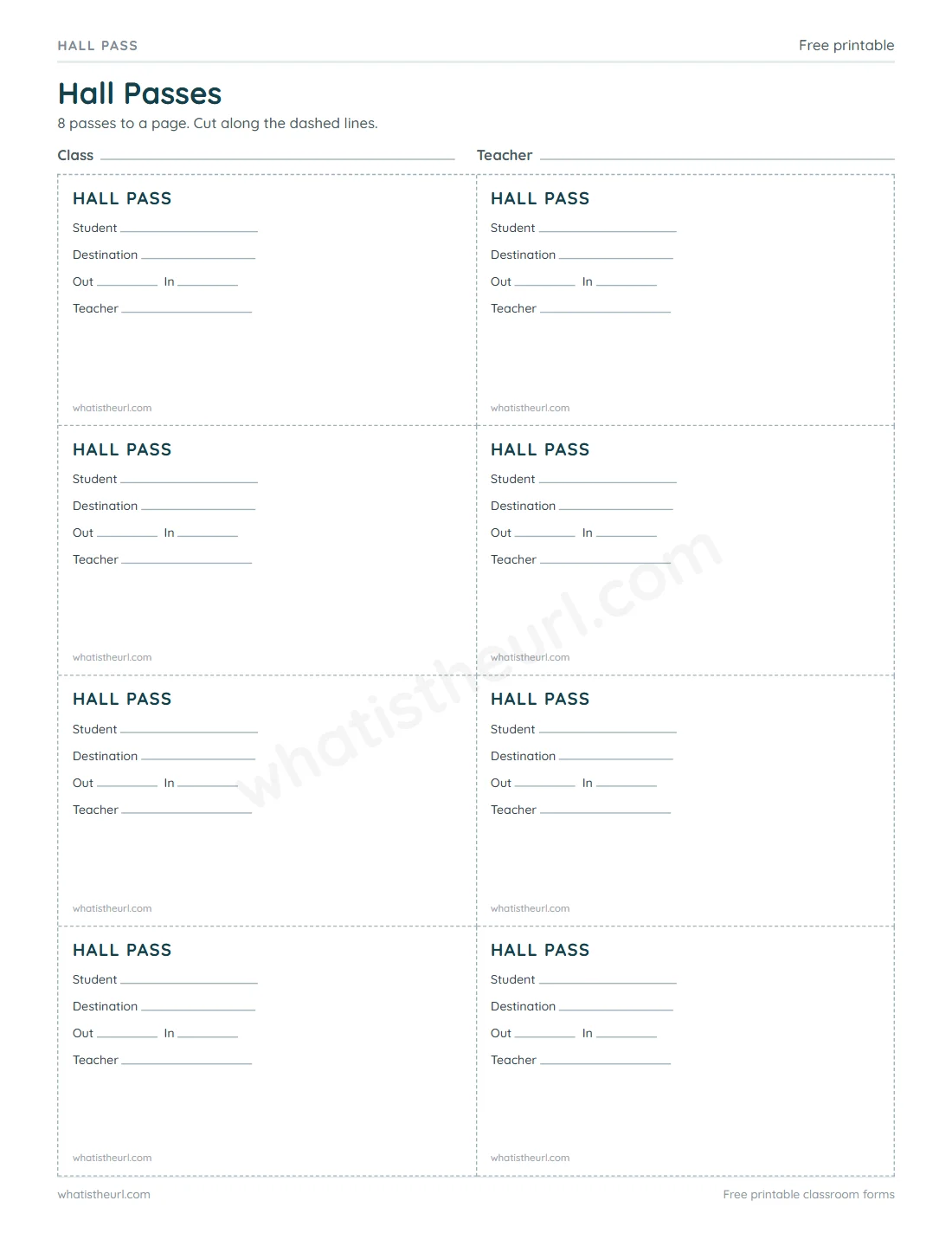 Printable Hall Passes for US Letter paper with 8 pass rows