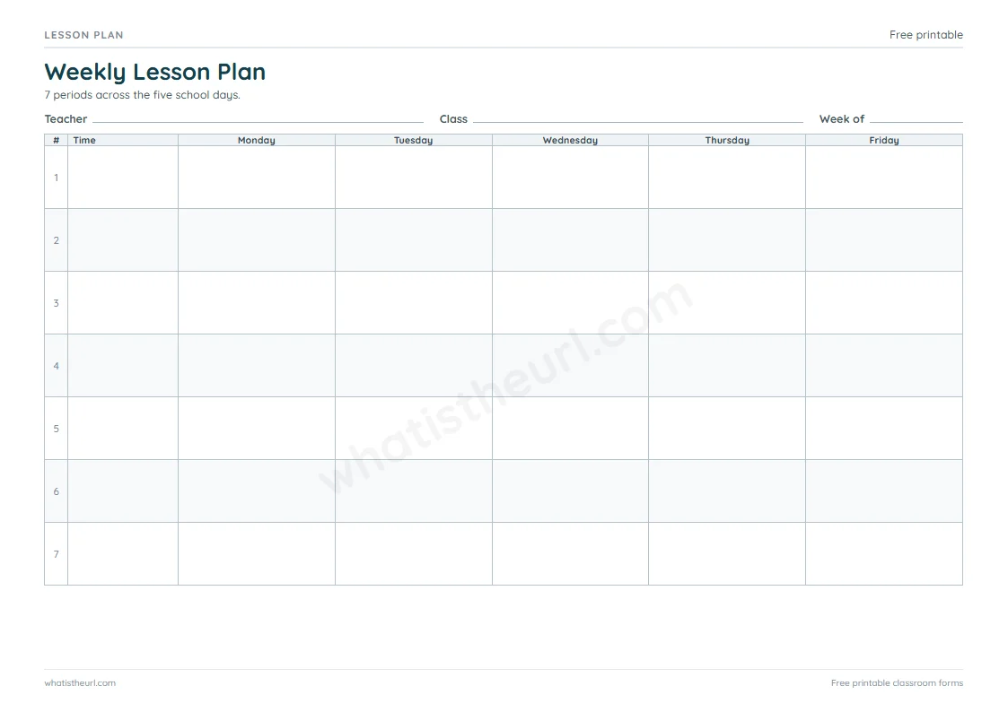 Printable Weekly Lesson Plan for A4 paper with 7 period rows