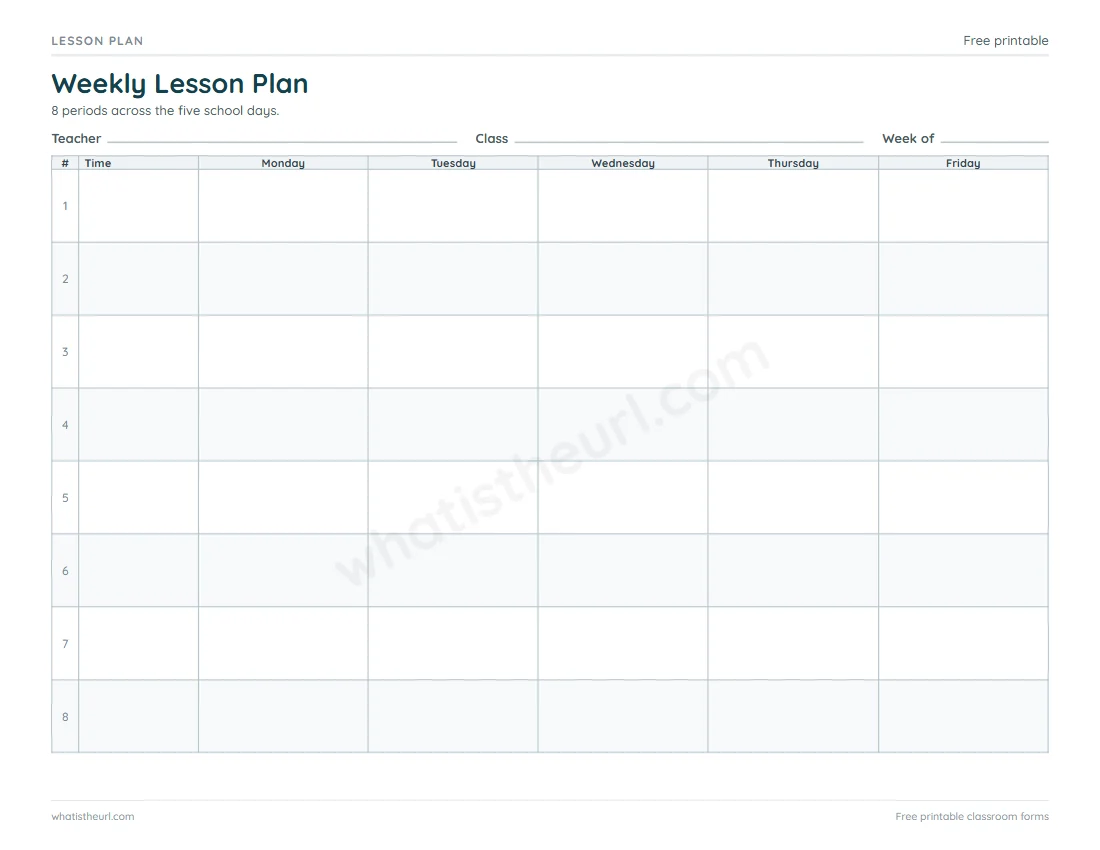Printable Weekly Lesson Plan for US Letter paper with 8 period rows