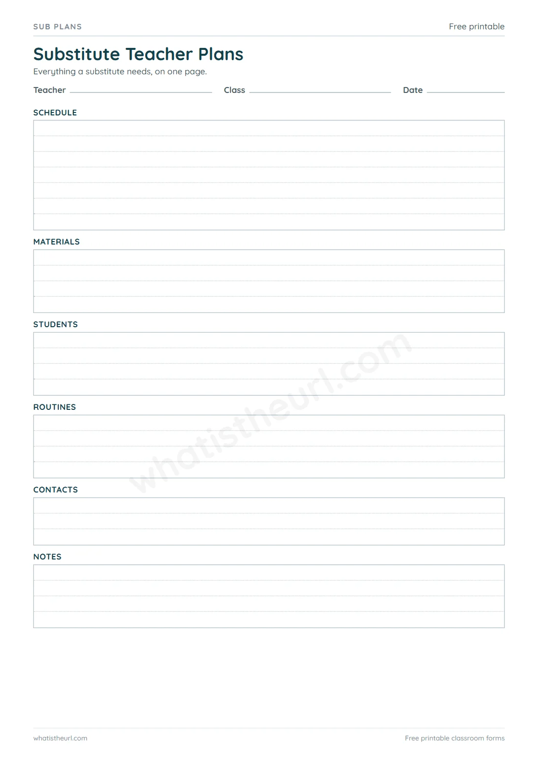 Printable Substitute Teacher Plans for A4 paper with 6 section rows