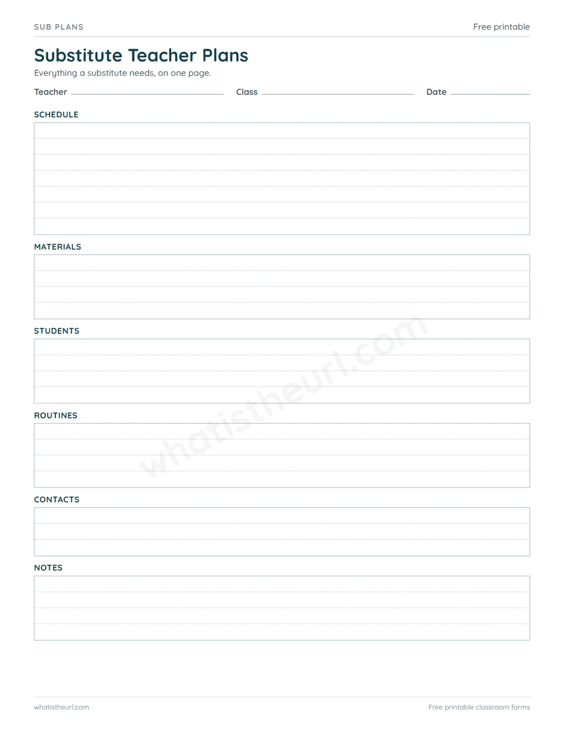 Printable Substitute Teacher Plans for US Letter paper with 6 section rows