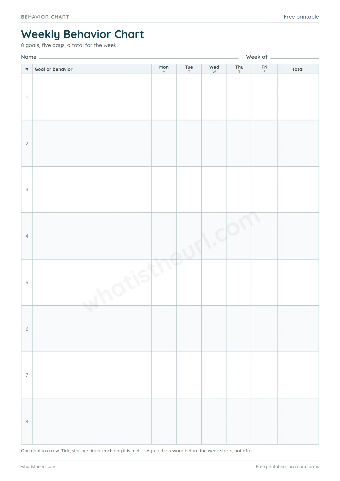 Printable Behavior Chart for A4 paper with 8 goal rows