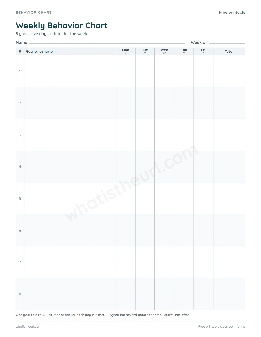 Printable Behavior Chart for US Letter paper with 8 goal rows