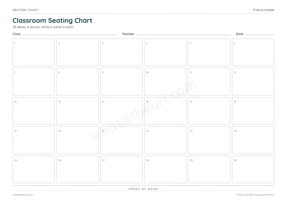 Printable Seating Chart for A4 paper with 30 desk rows