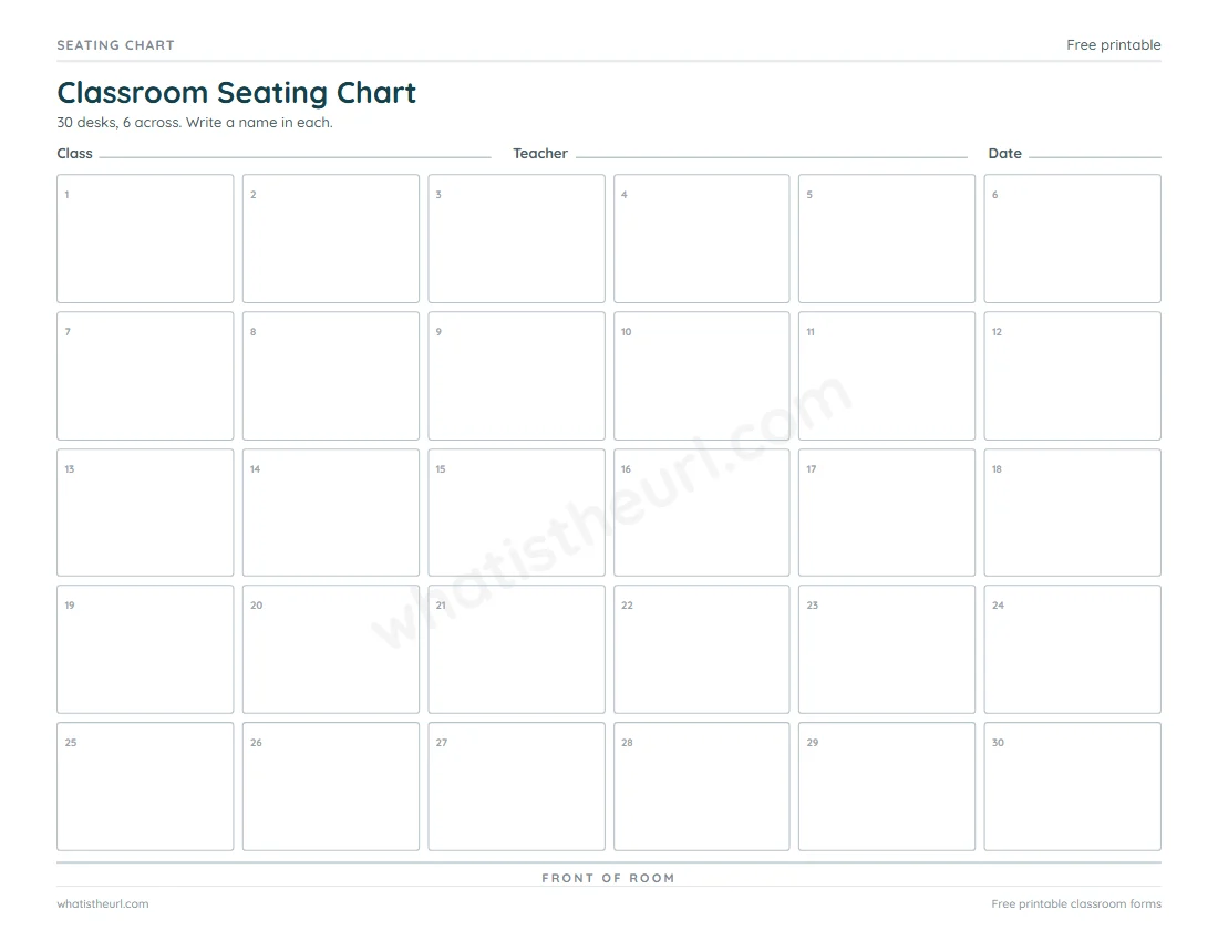 Printable Seating Chart for US Letter paper with 30 desk rows