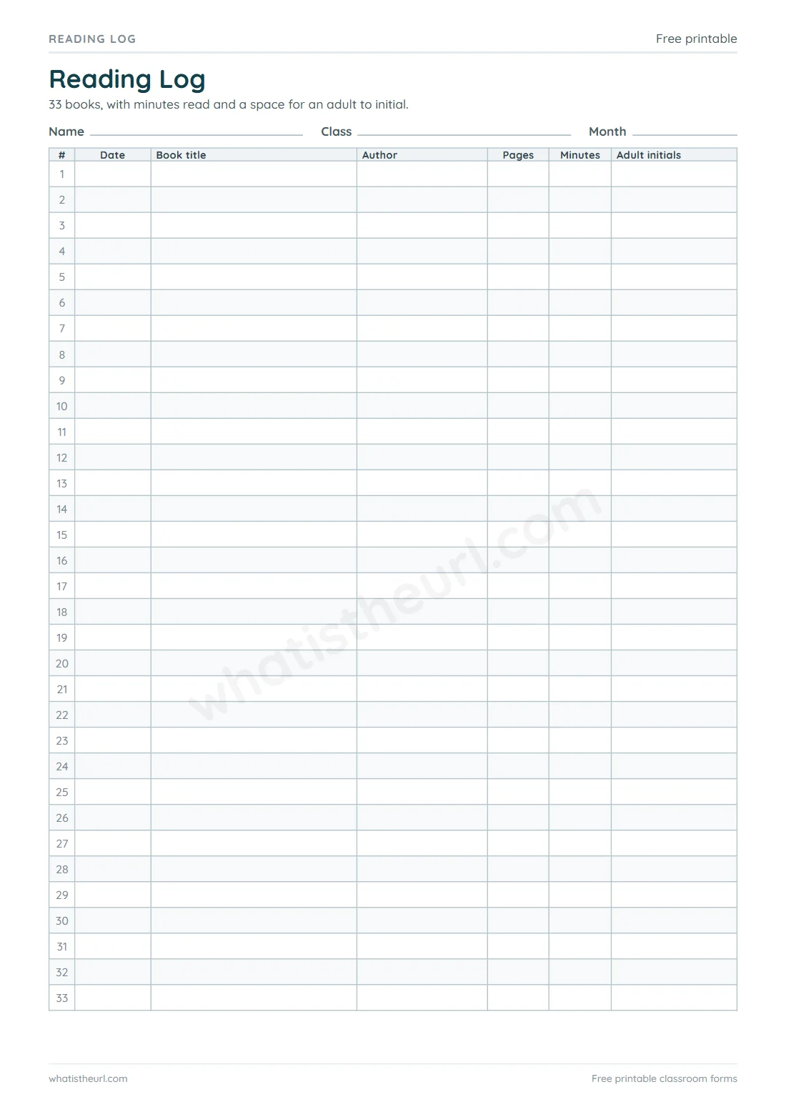 Printable Reading Log for A4 paper with 33 book rows