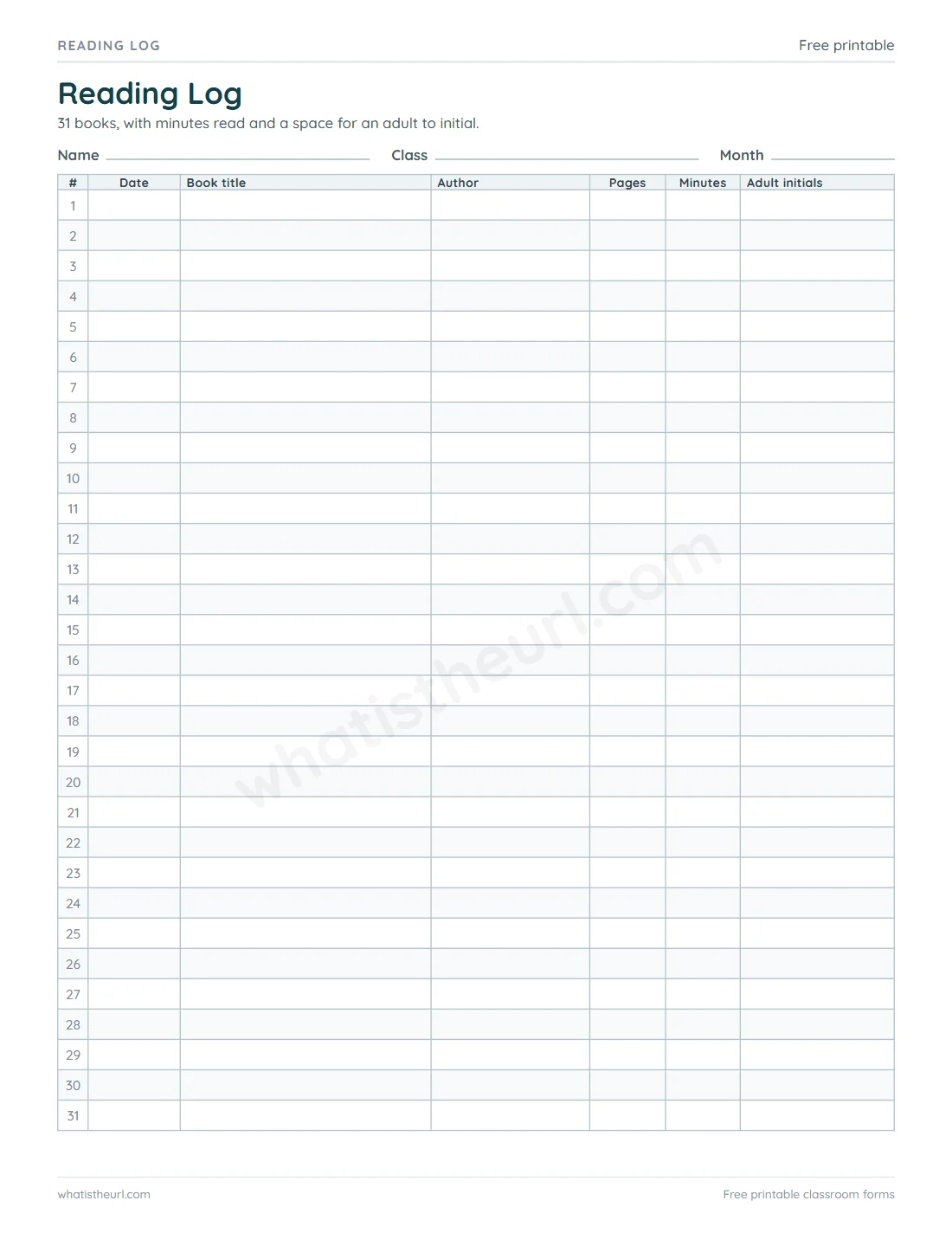 Printable Reading Log for US Letter paper with 31 book rows