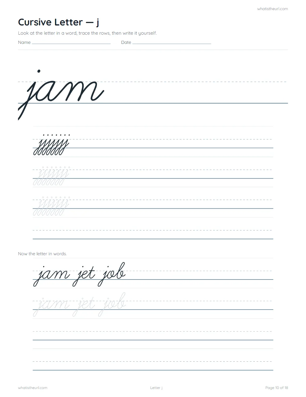 Cursive handwriting worksheet - letter j