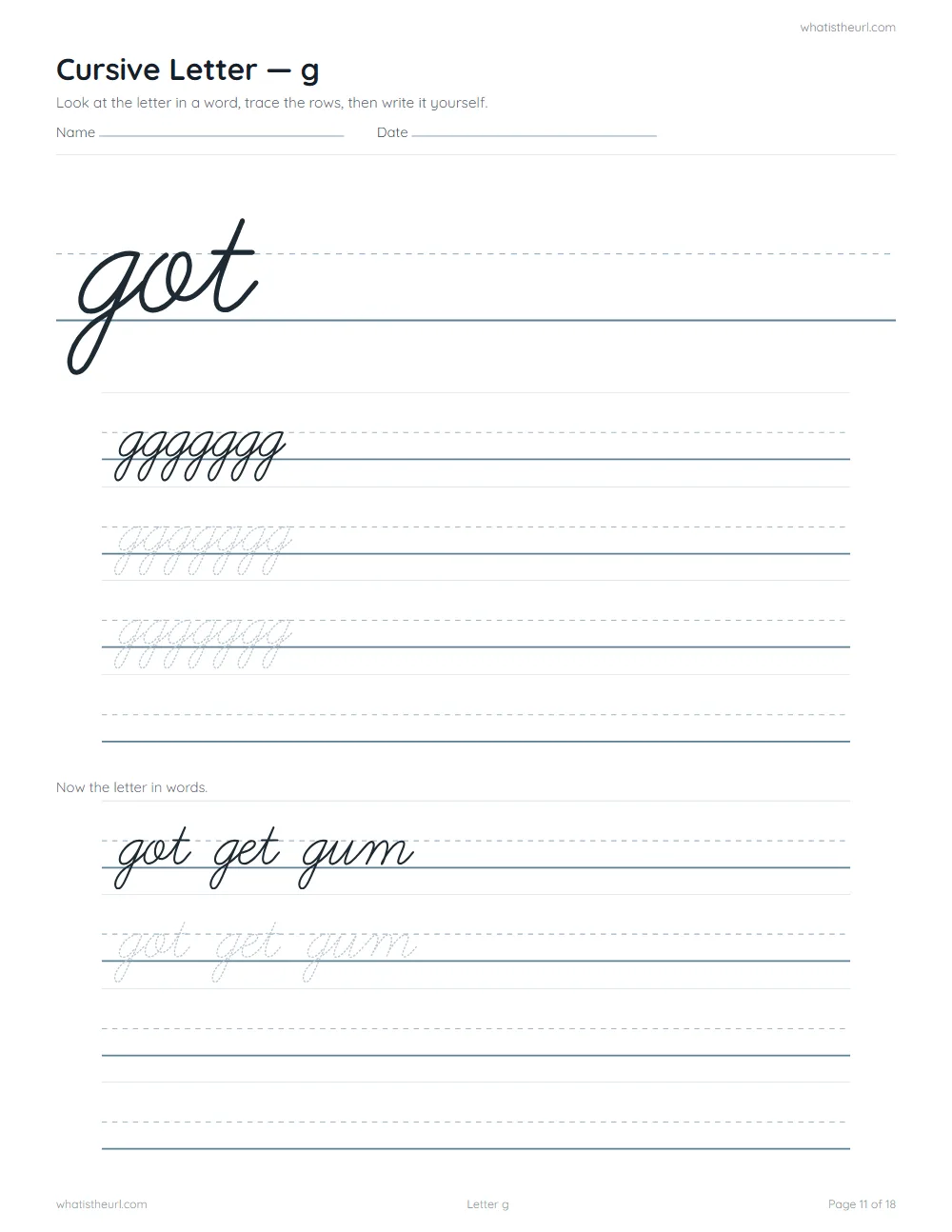 Cursive handwriting worksheet - letter g