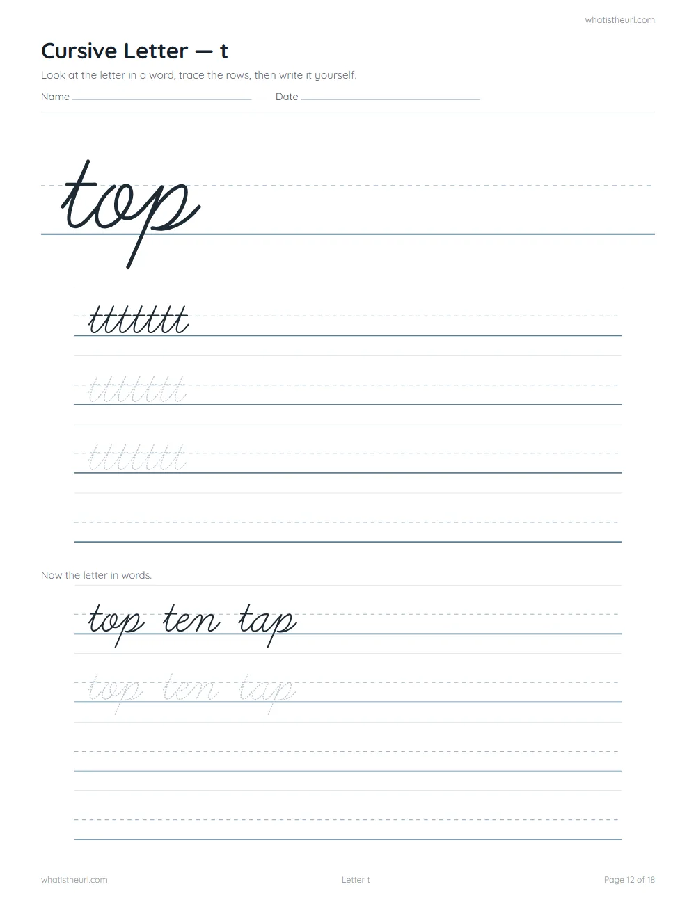 Cursive handwriting worksheet - letter t