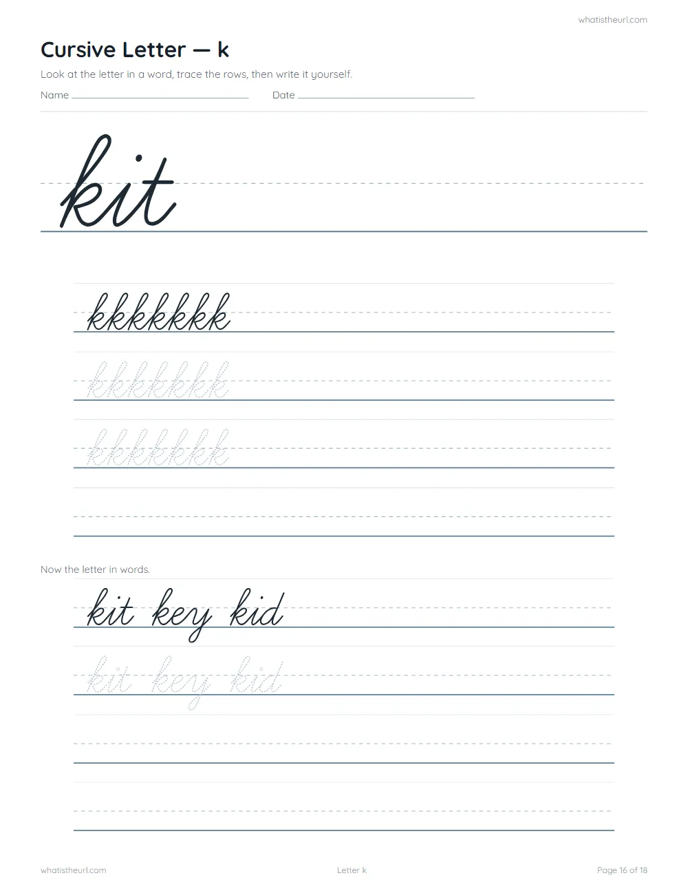 Cursive handwriting worksheet - letter k