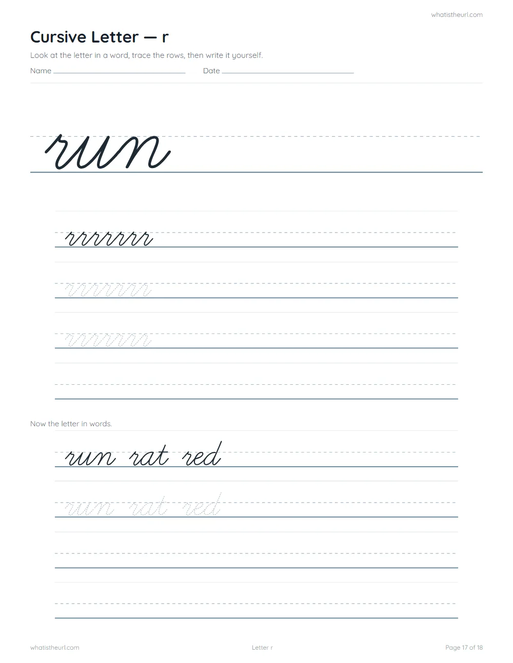 Cursive handwriting worksheet - letter r
