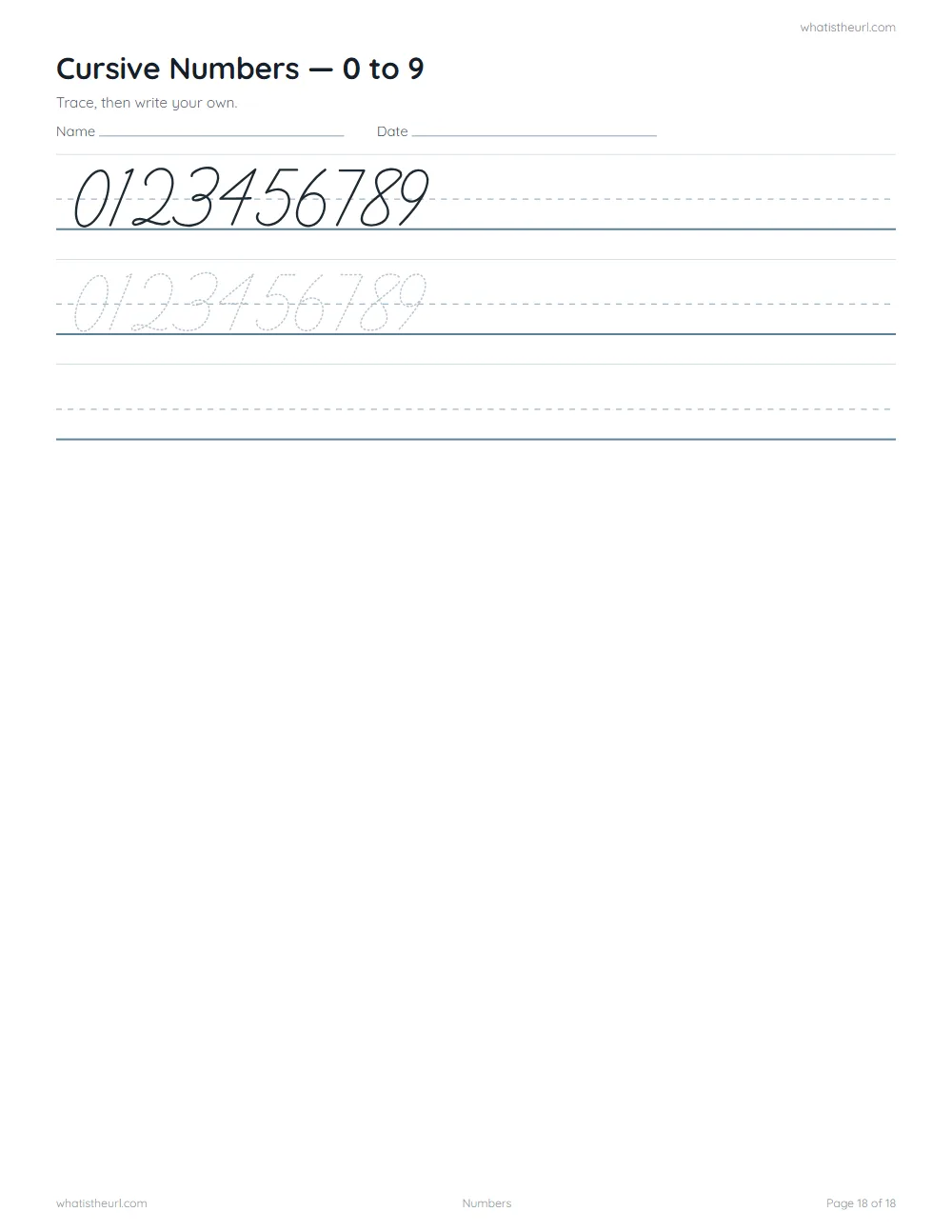 Cursive handwriting worksheet - numbers 0-9