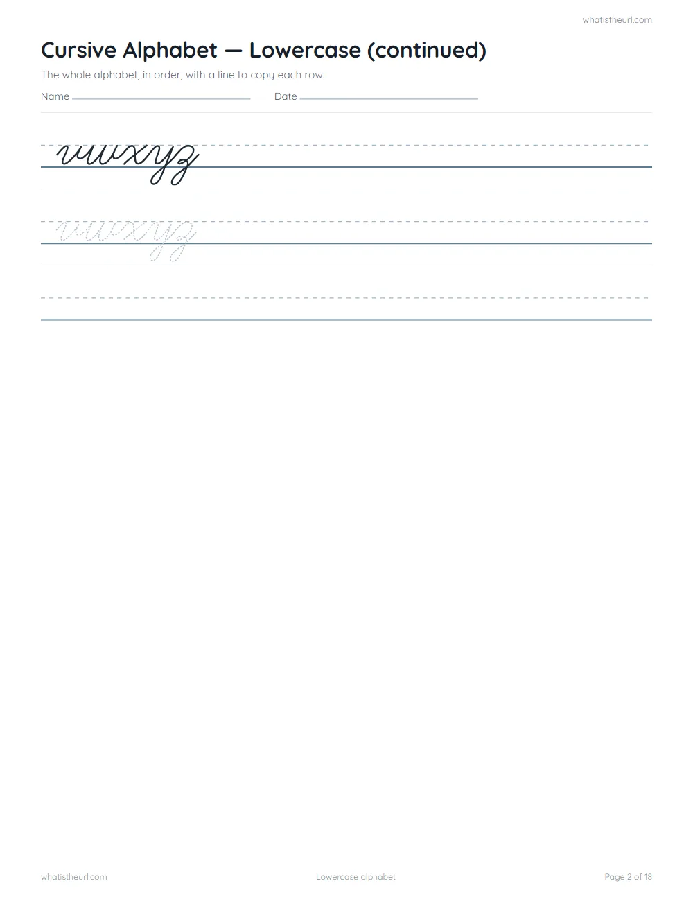Cursive handwriting worksheet - lowercase alphabet (continued)