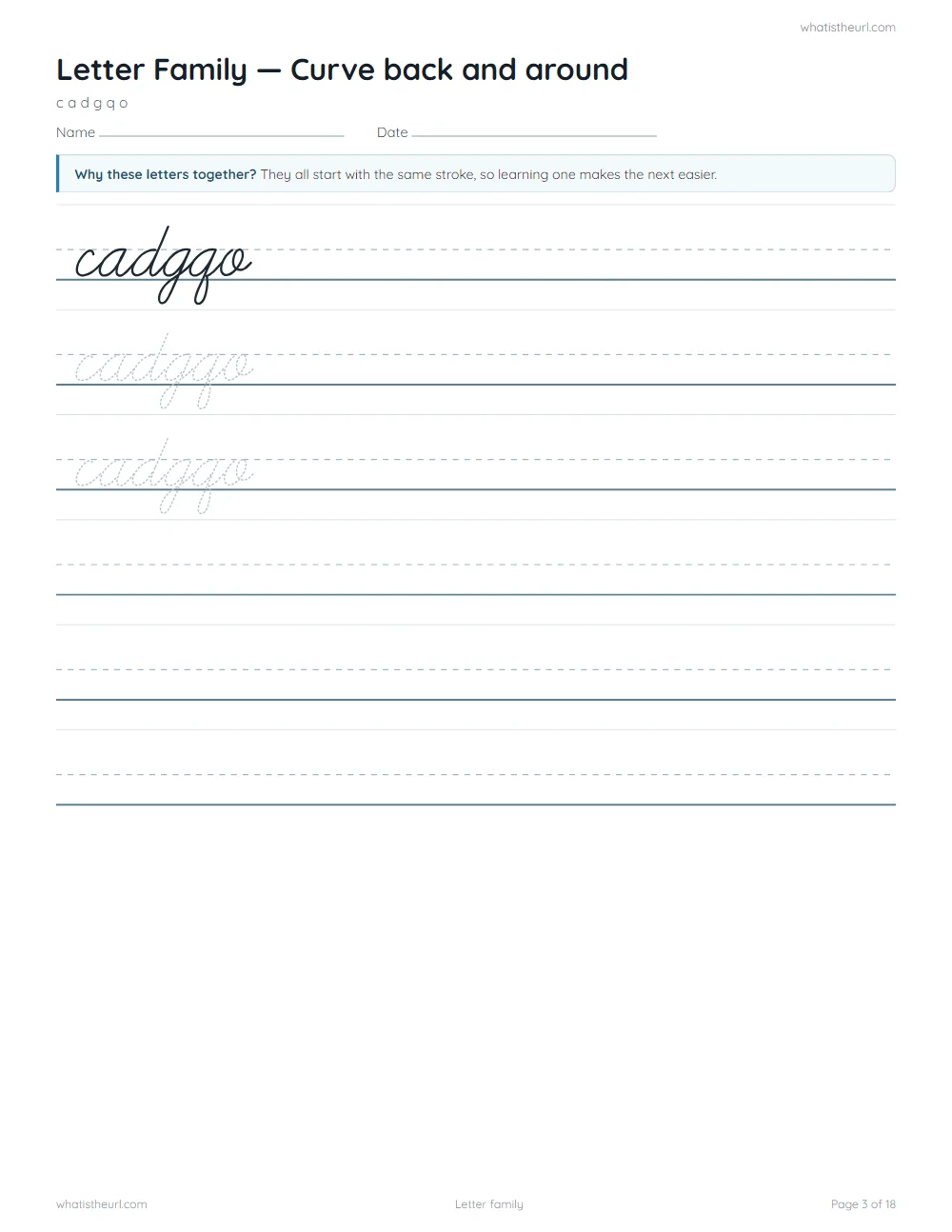 Cursive handwriting worksheet - letter family: curve back and around