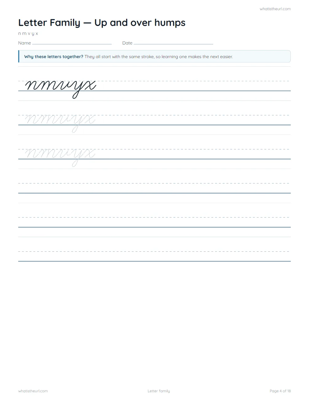 Cursive handwriting worksheet - letter family: up and over humps