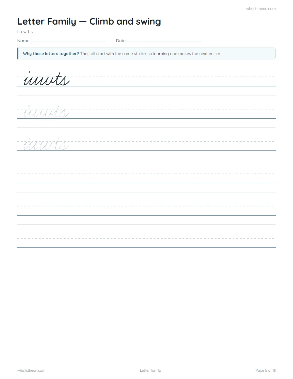 Cursive handwriting worksheet - letter family: climb and swing