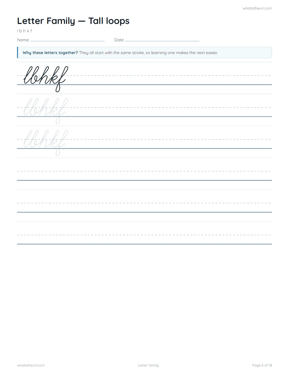 Cursive handwriting worksheet - letter family: tall loops