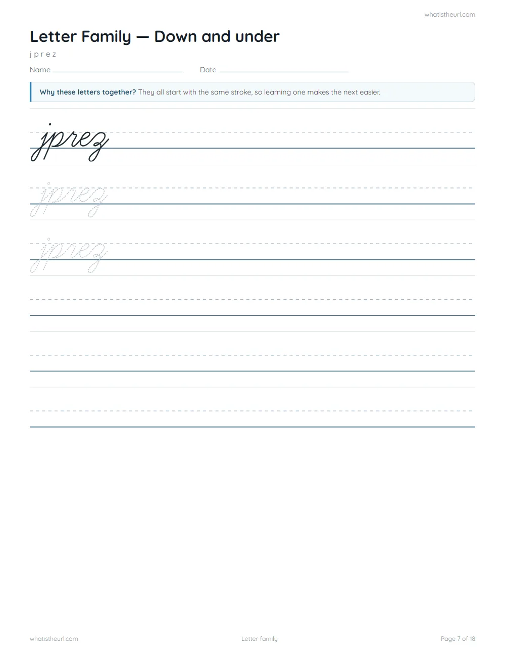 Cursive handwriting worksheet - letter family: down and under