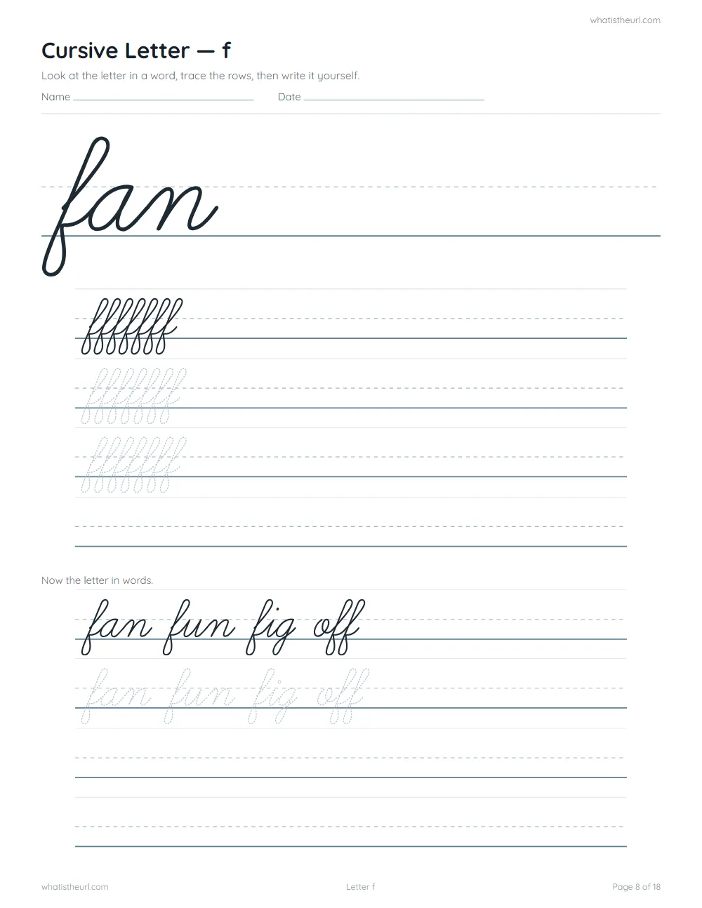 Cursive handwriting worksheet - letter f