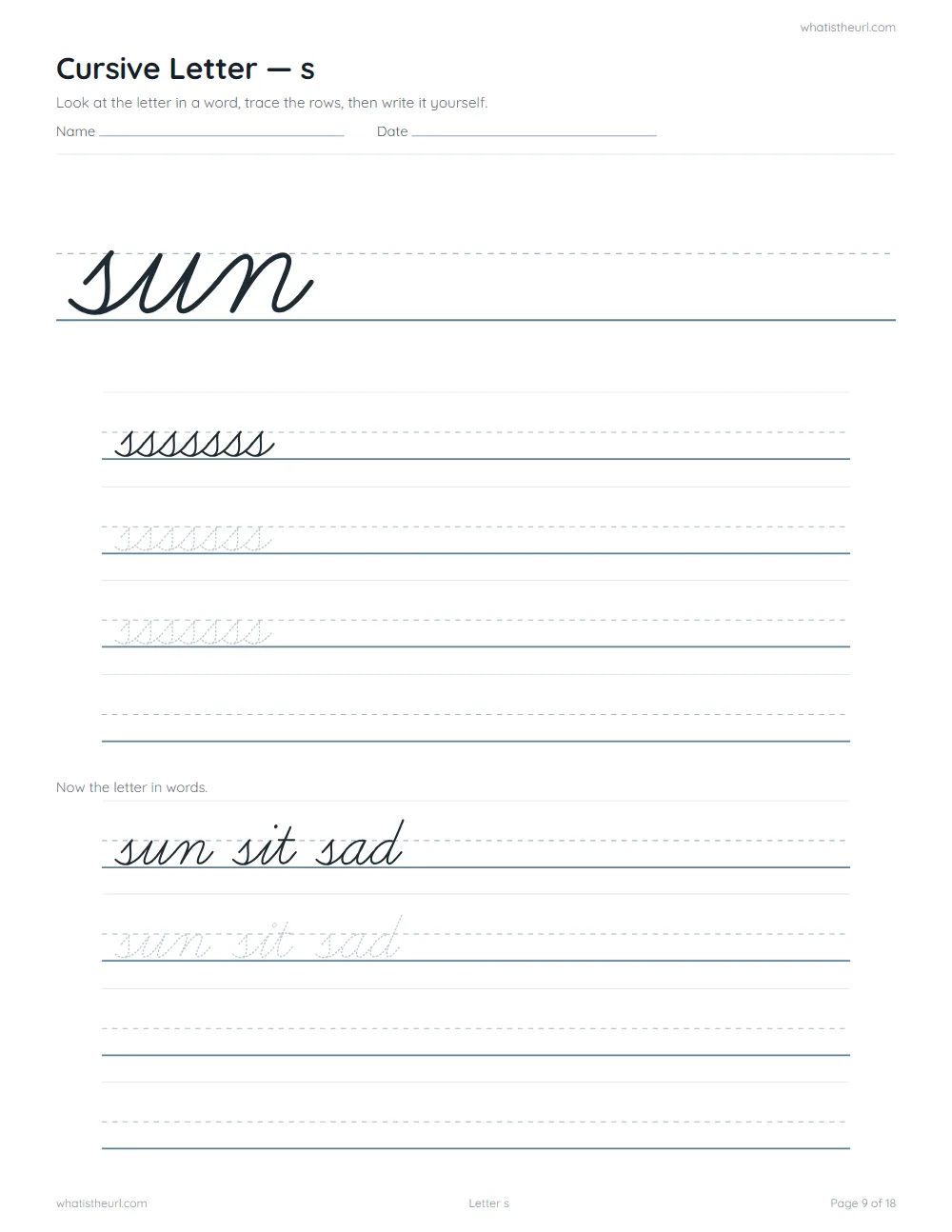 Cursive handwriting worksheet - letter s