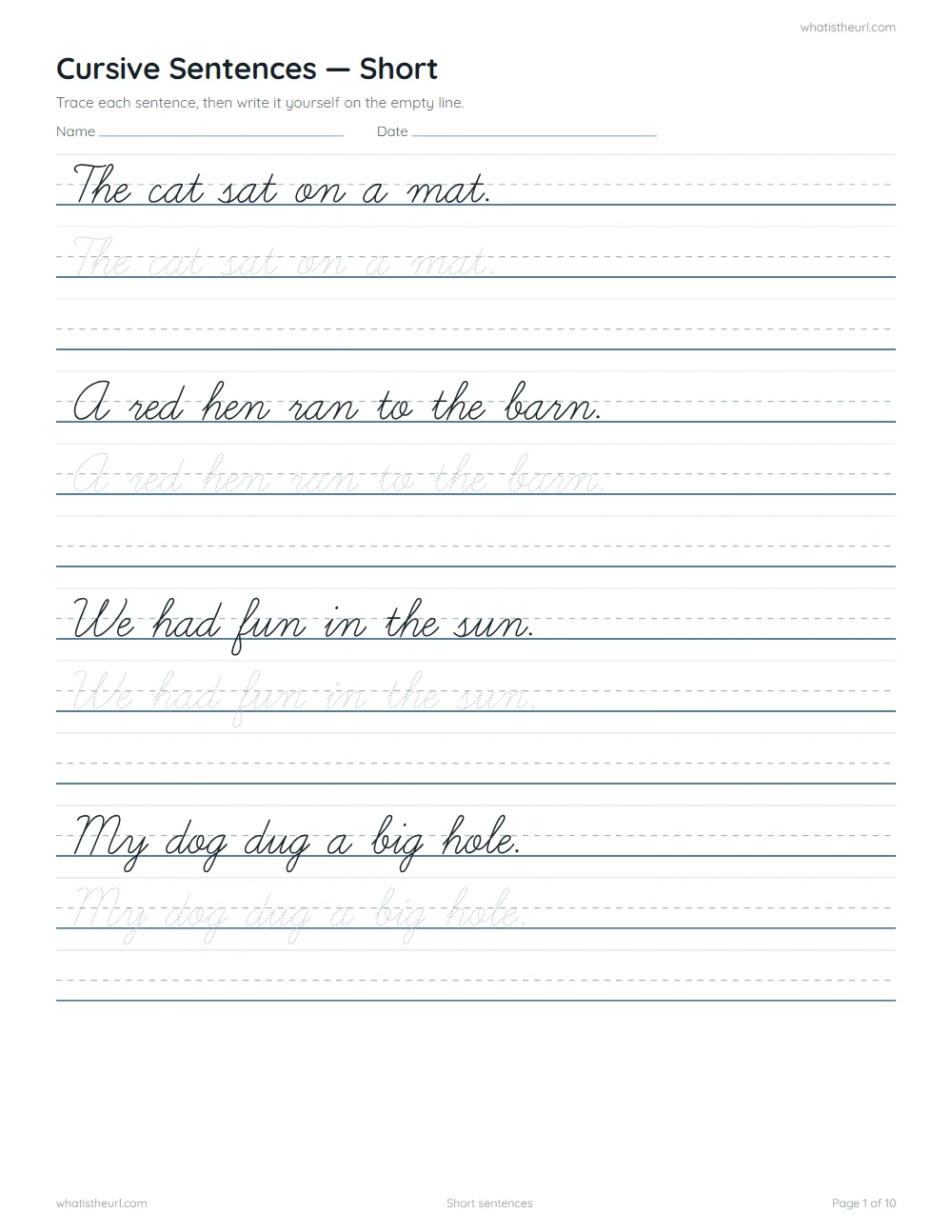 Cursive sentence worksheet - short sentences