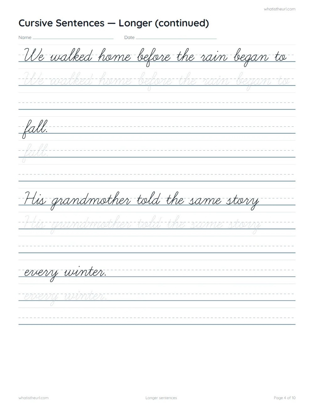 Cursive sentence worksheet - longer sentences (cont.)
