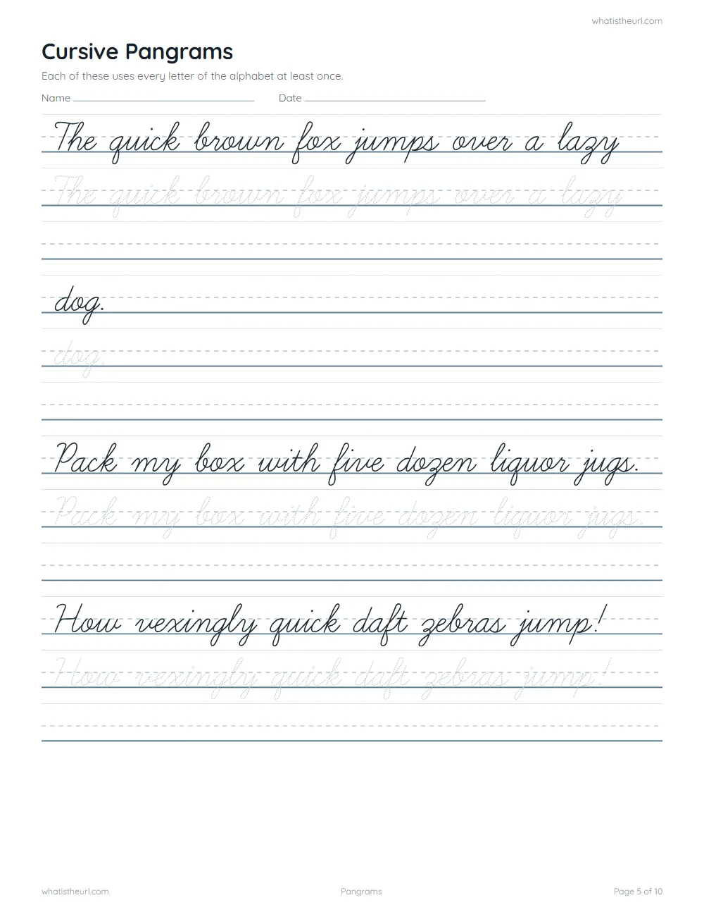Cursive sentence worksheet - pangrams