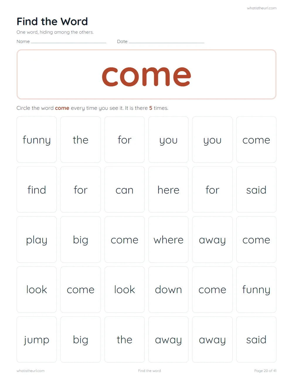Sight word worksheet - find the word: come
