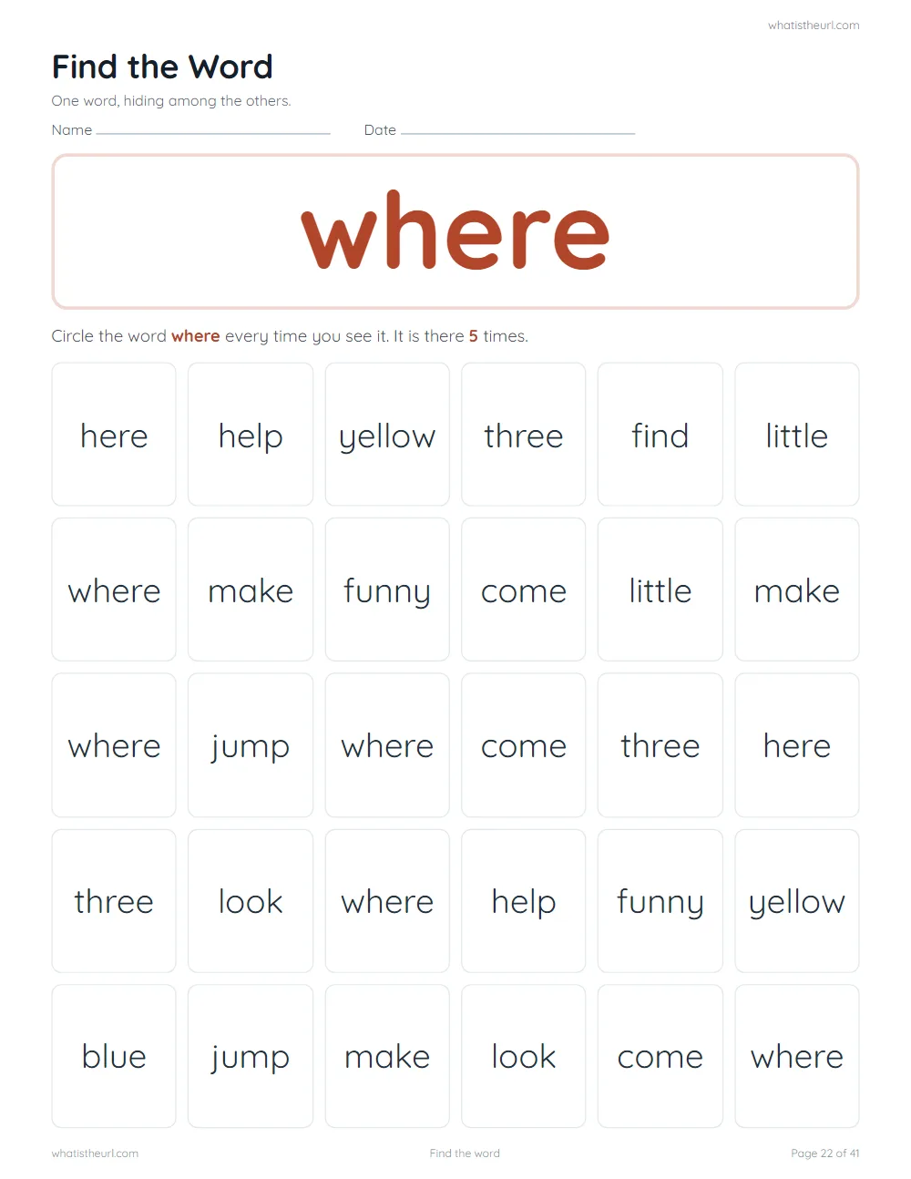 Sight word worksheet - find the word: where