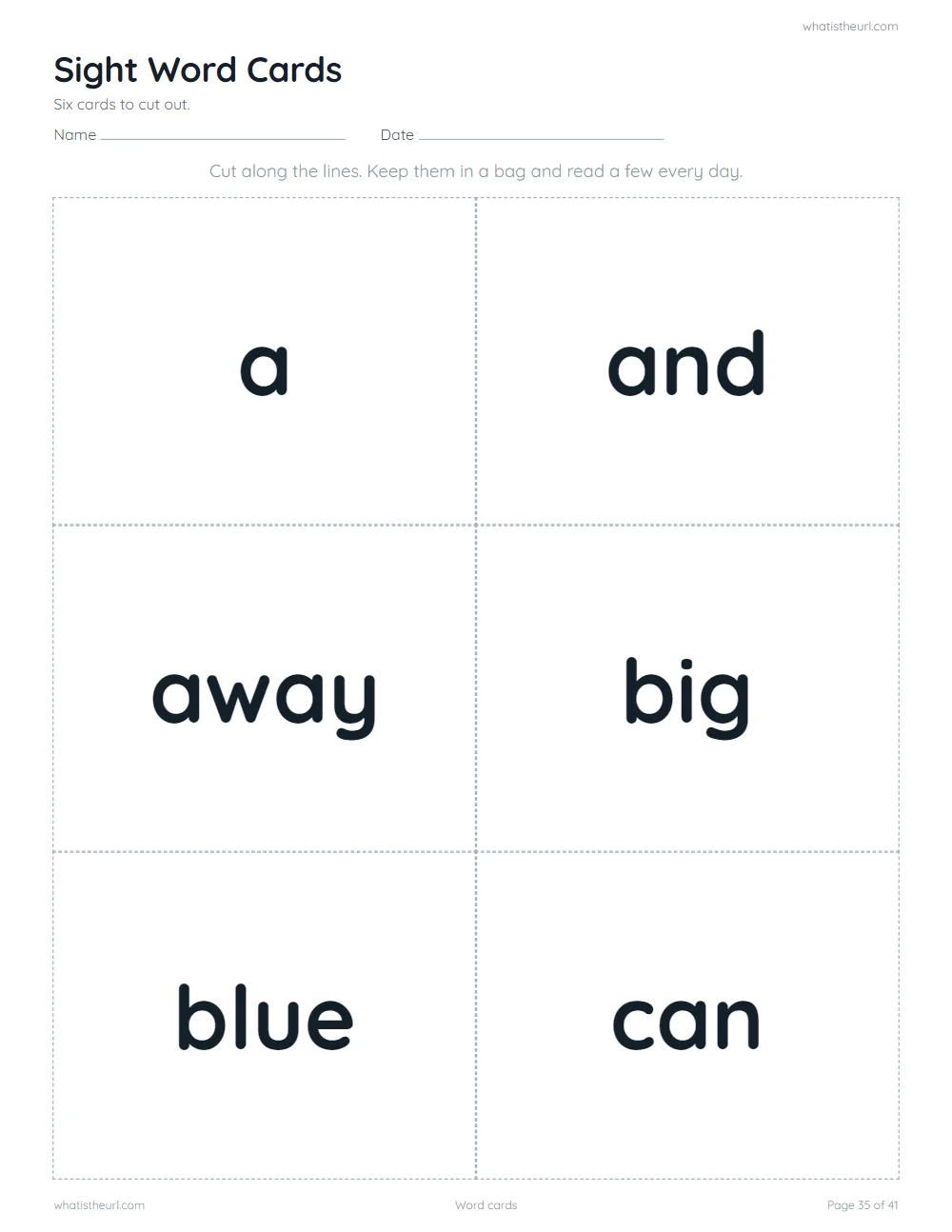Sight word worksheet - word cards