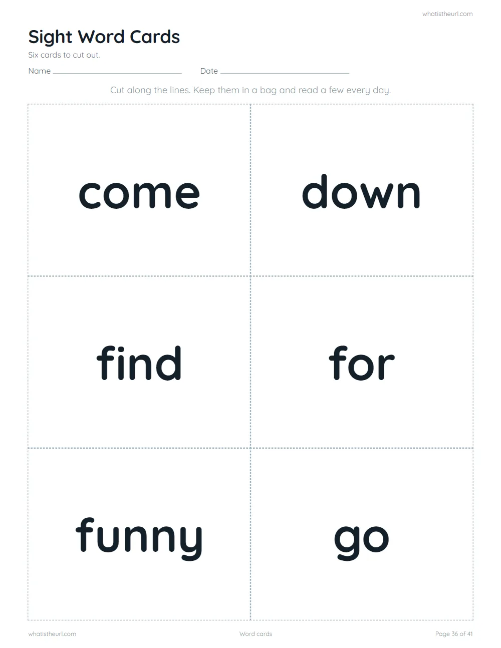 Sight word worksheet - word cards