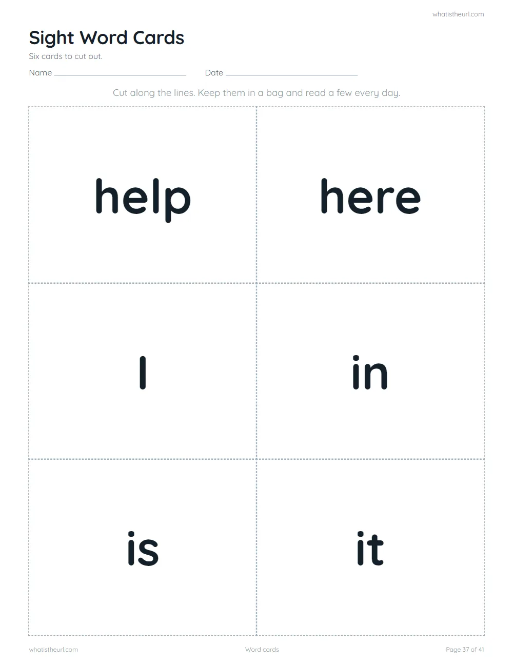 Sight word worksheet - word cards