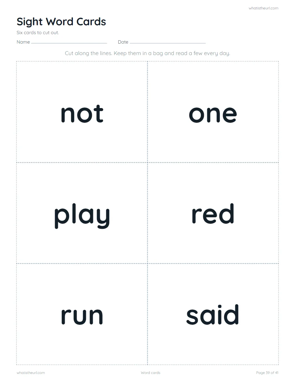 Sight word worksheet - word cards