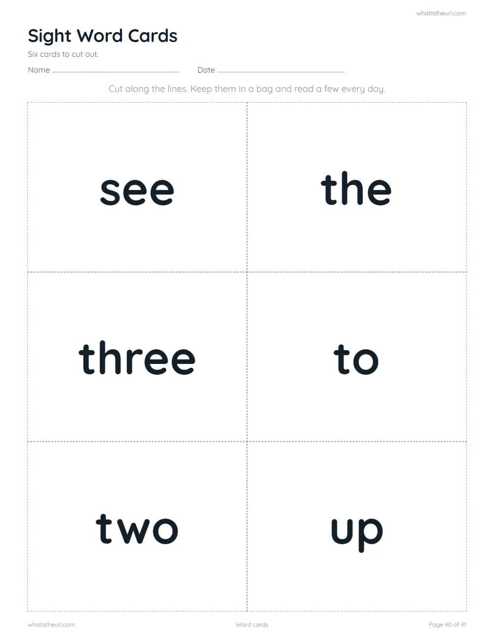Sight word worksheet - word cards