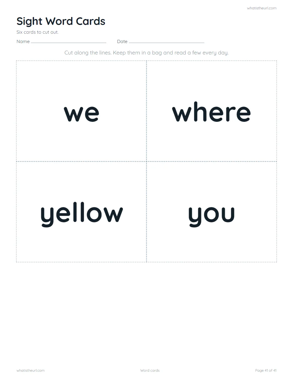 Sight word worksheet - word cards