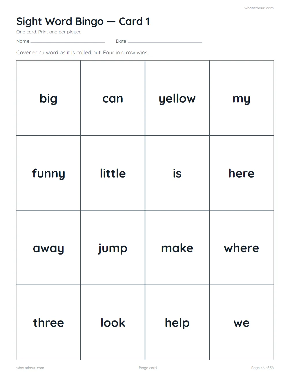 Sight word worksheet - bingo card