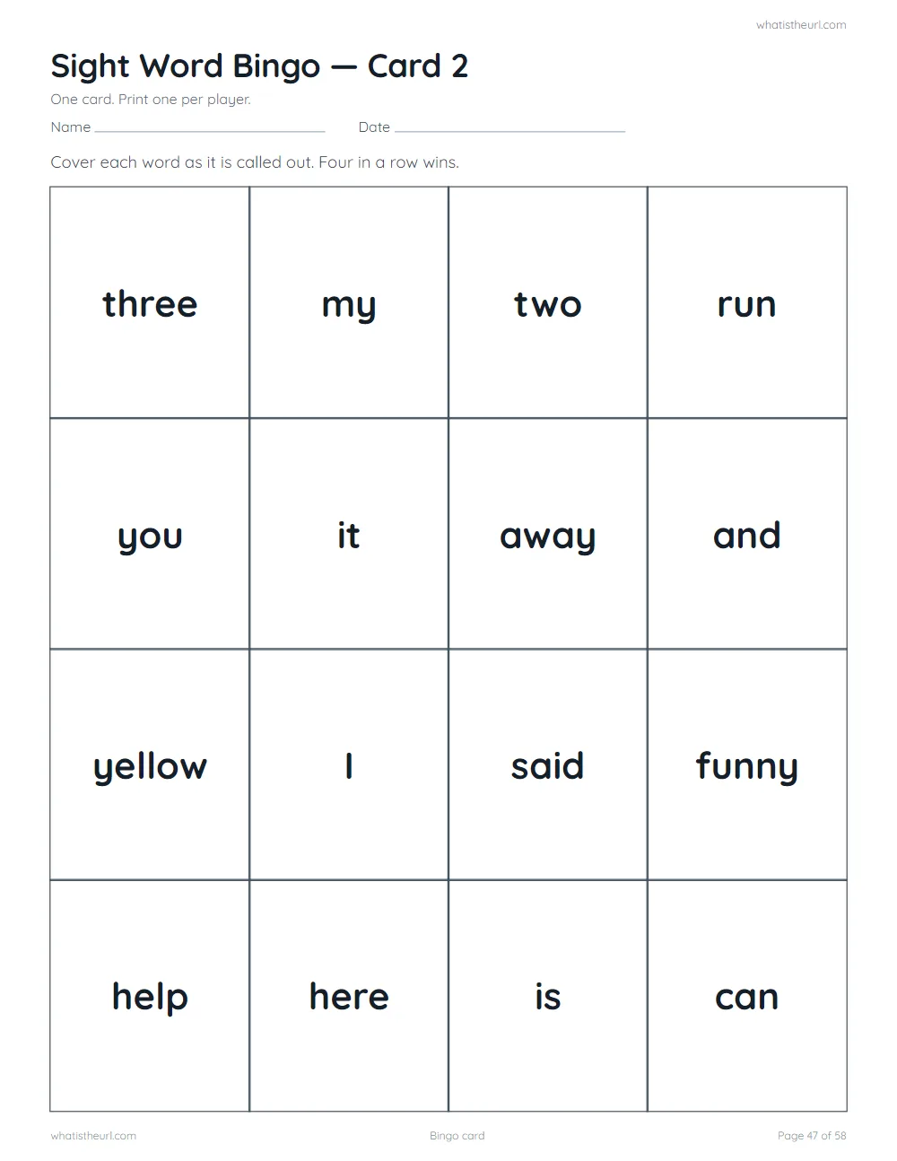 Sight word worksheet - bingo card