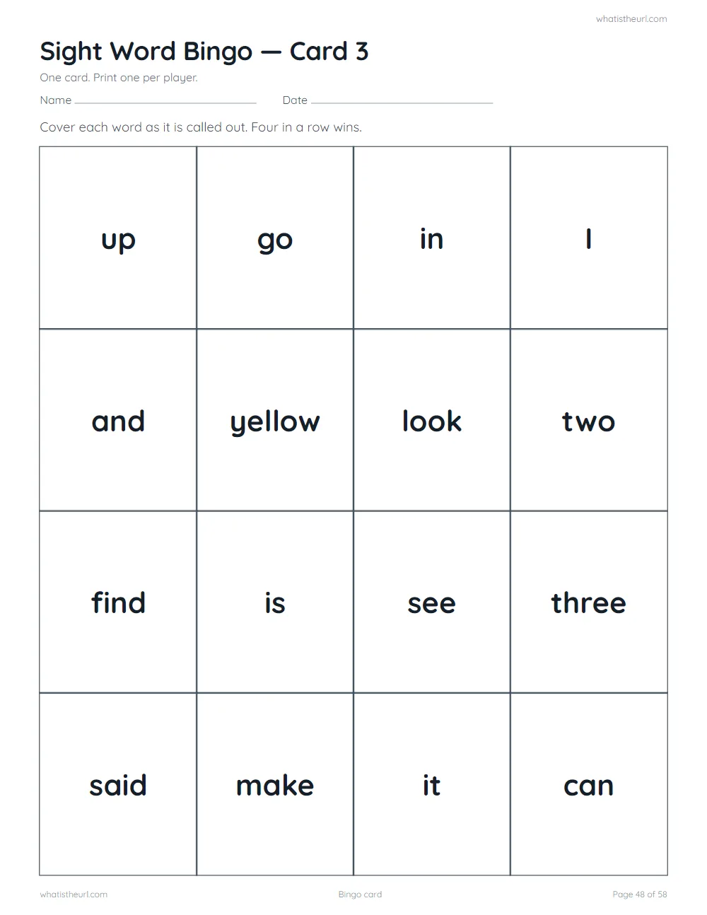 Sight word worksheet - bingo card