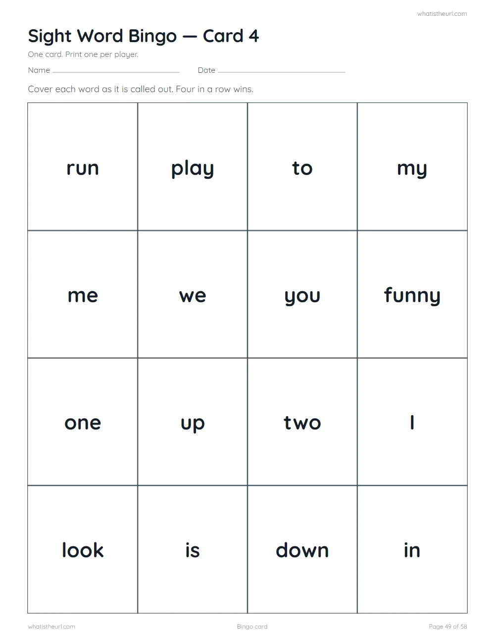 Sight word worksheet - bingo card
