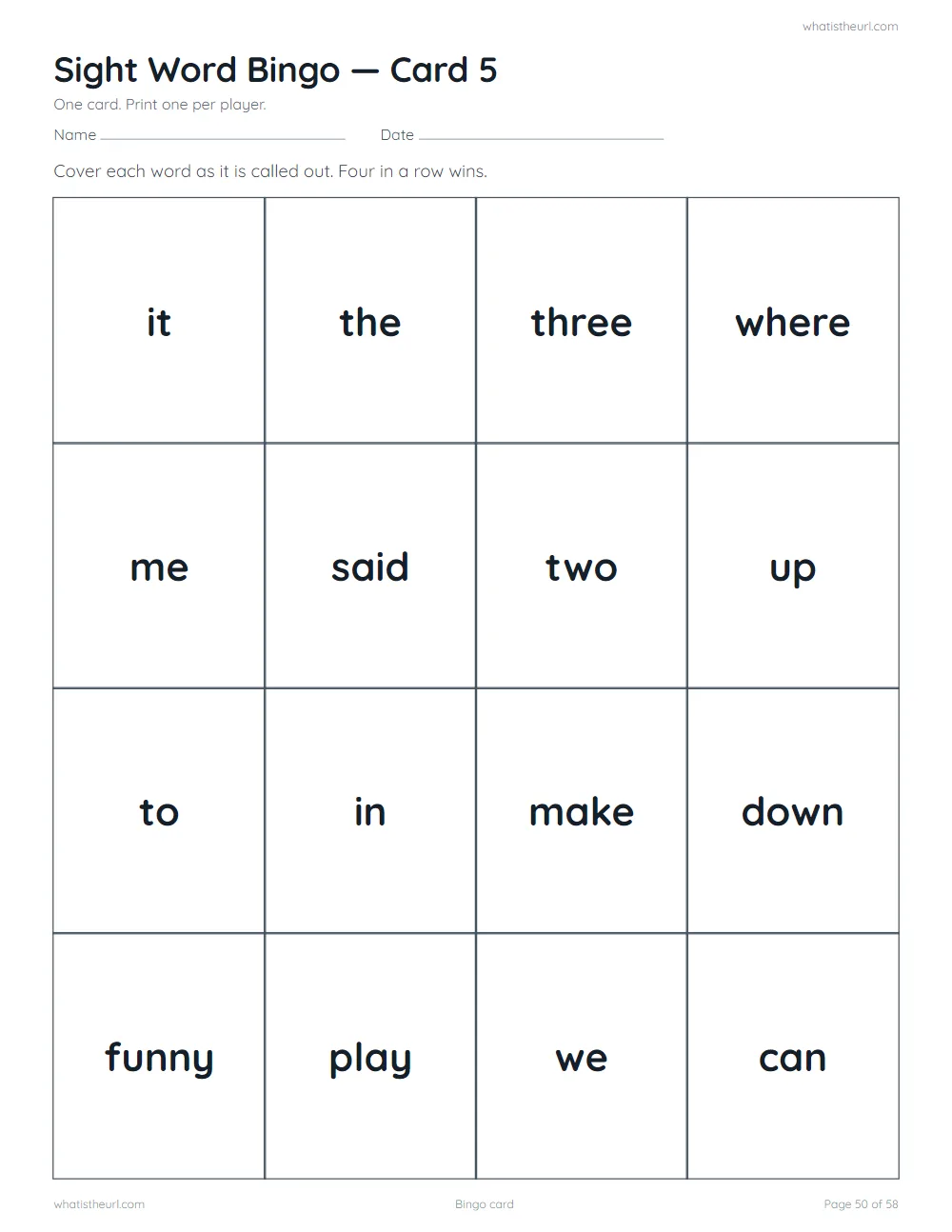 Sight word worksheet - bingo card