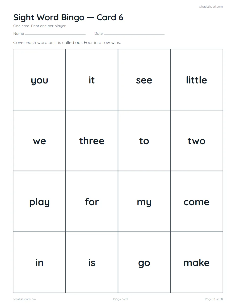 Sight word worksheet - bingo card